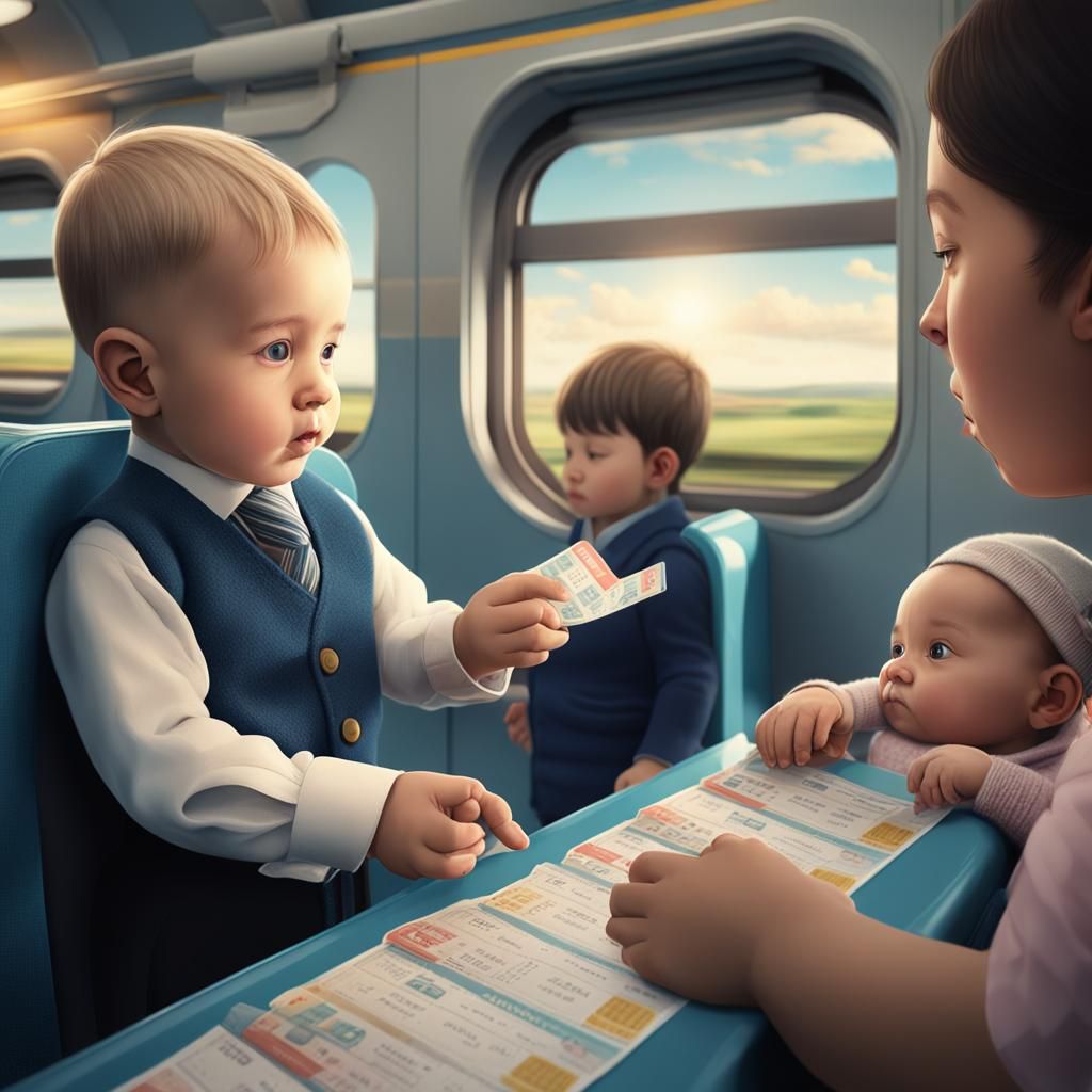 Baby Train Master Checks Tickets: Realistic Digital Art