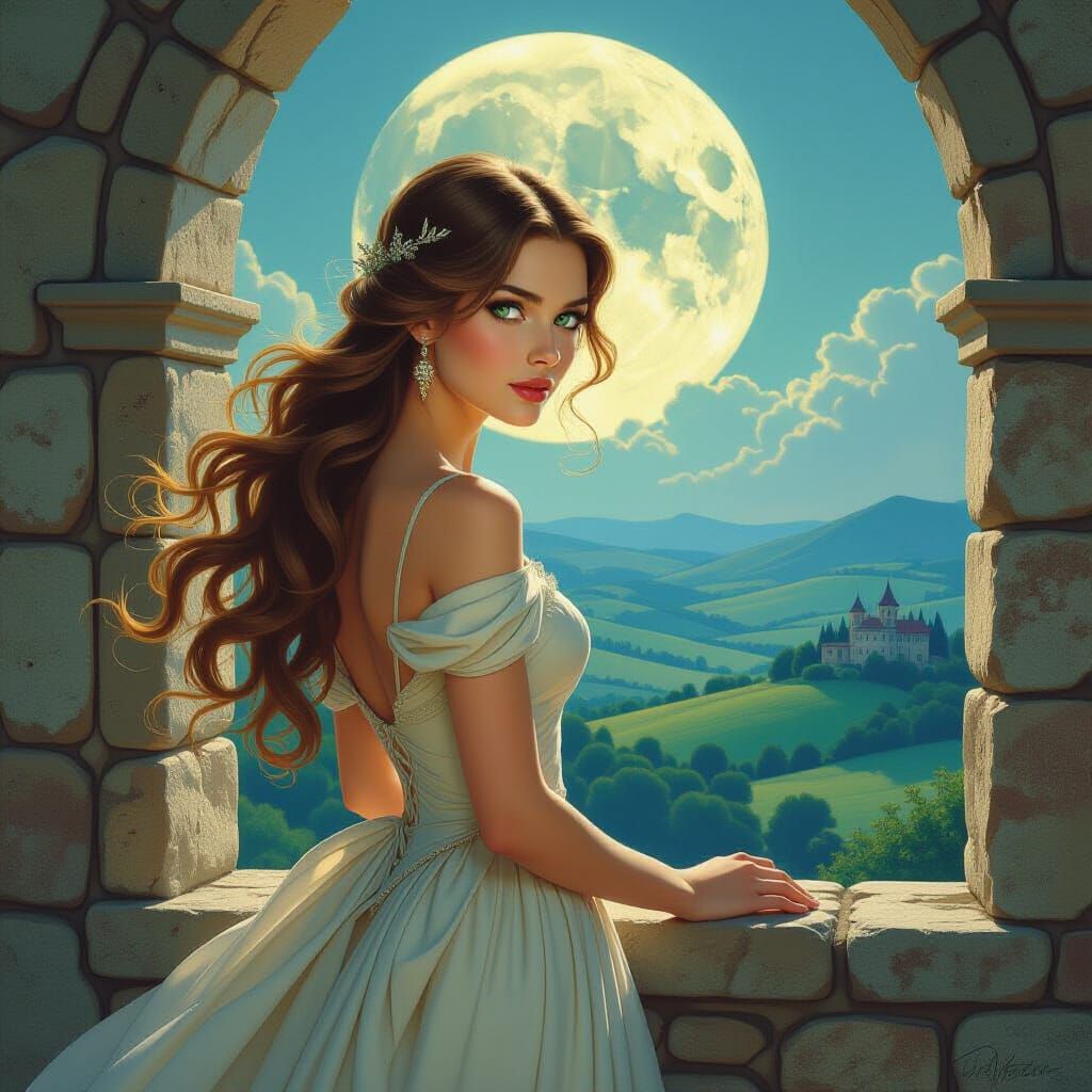 Princess Gazes from Castle Window in Moonlight, Art Nouveau ...