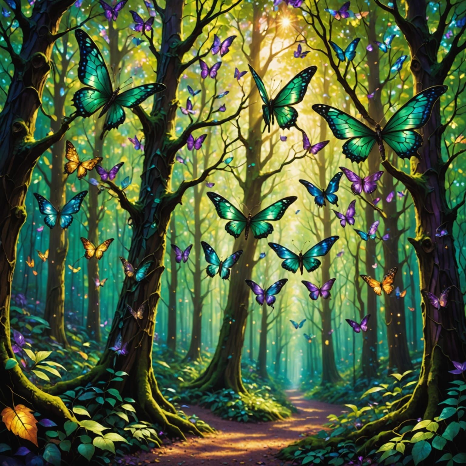 Whimsical Forest Realm in Iridescent Hues