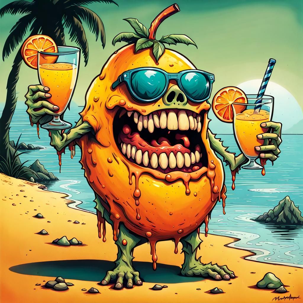 Mango Zombie at Beach Party: Bohemian Horror Art