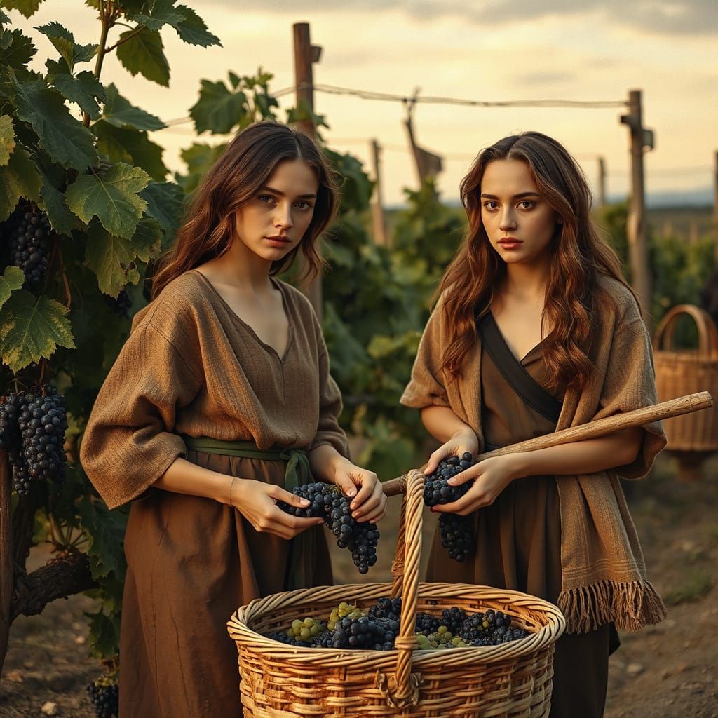 Medieval Women Harvest Grapes in Golden Light