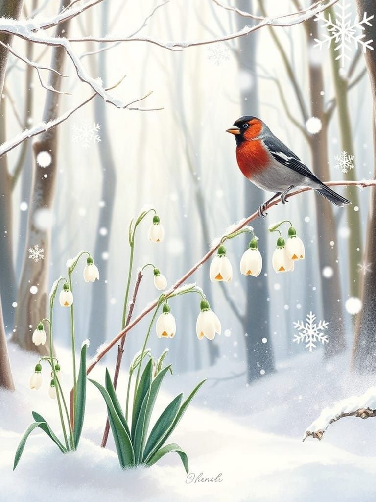 Winter Whimsy in Watercolor: Snowdrops and Bullfinch