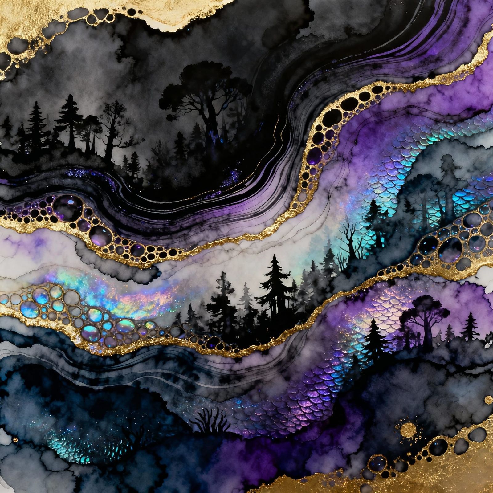Iridescent Fluid Art Forest Painting with Mermaid Colors