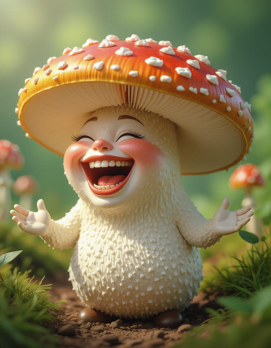 Laughing Anthropomorphic Mushroom in Garden Setting
