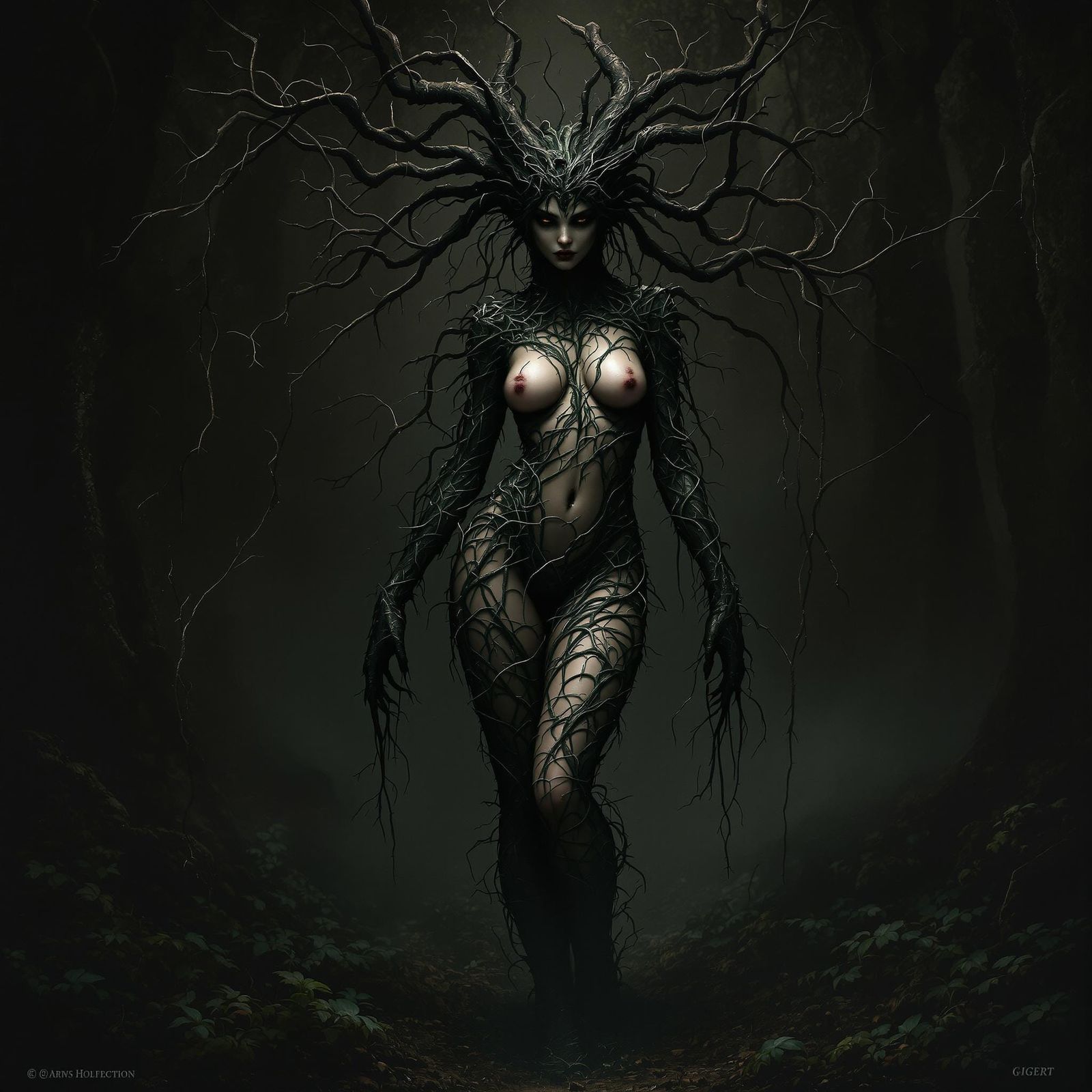 Eerie Demoness Made of Vines in Dark Forest
