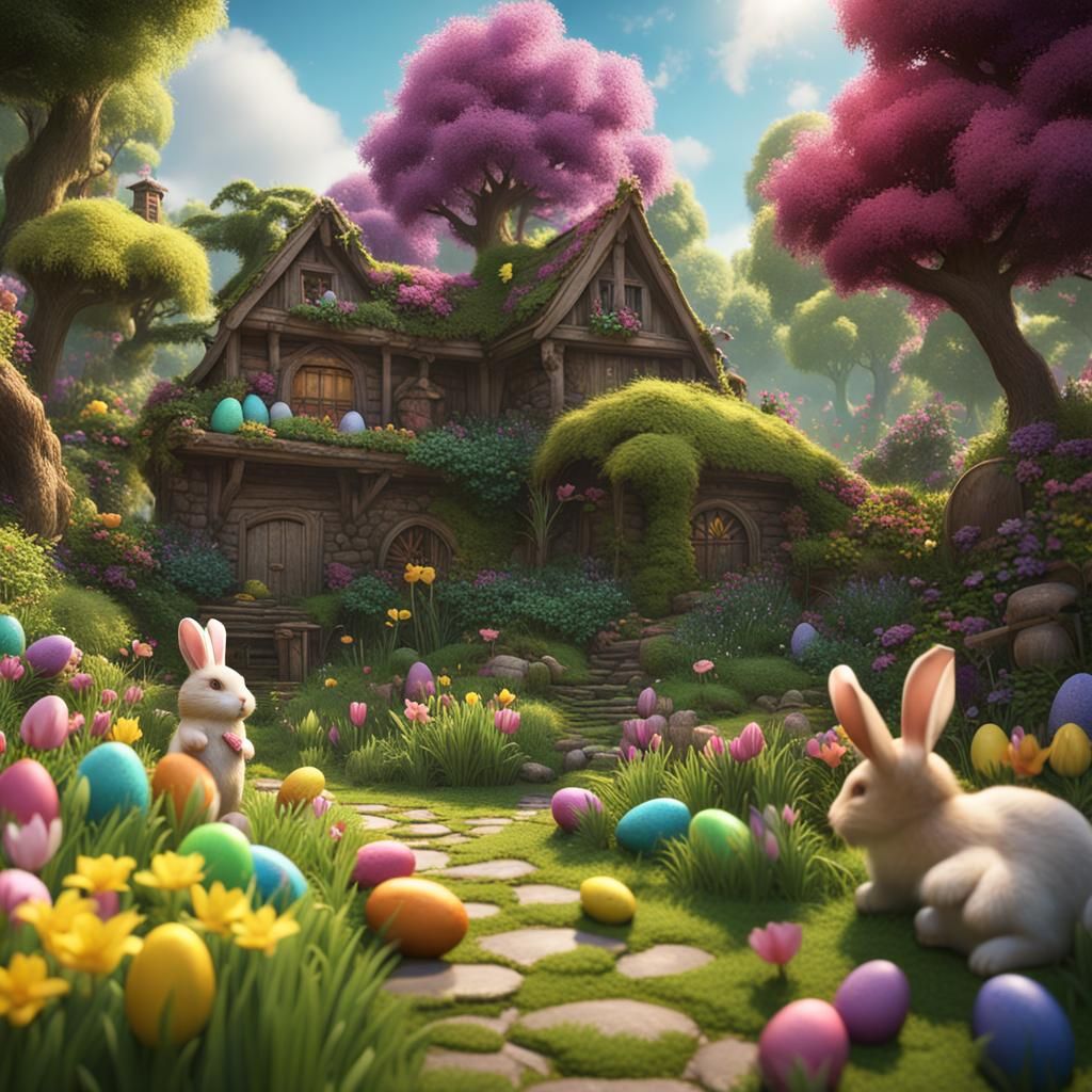 Easter Egg Hunt in Lush Garden: Matte Painting