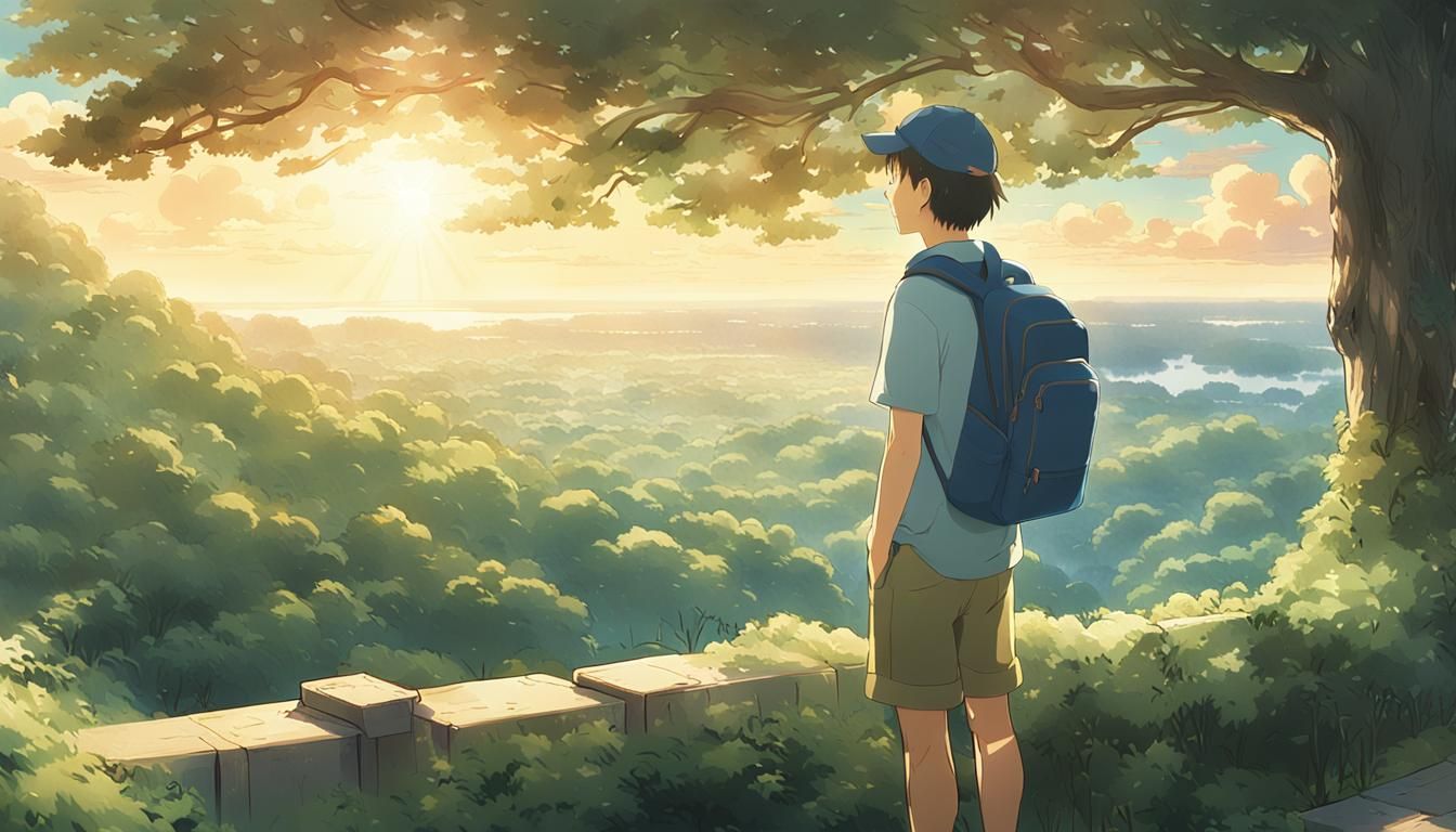 Smiling Man in Meadow: Ghibli Anime Style