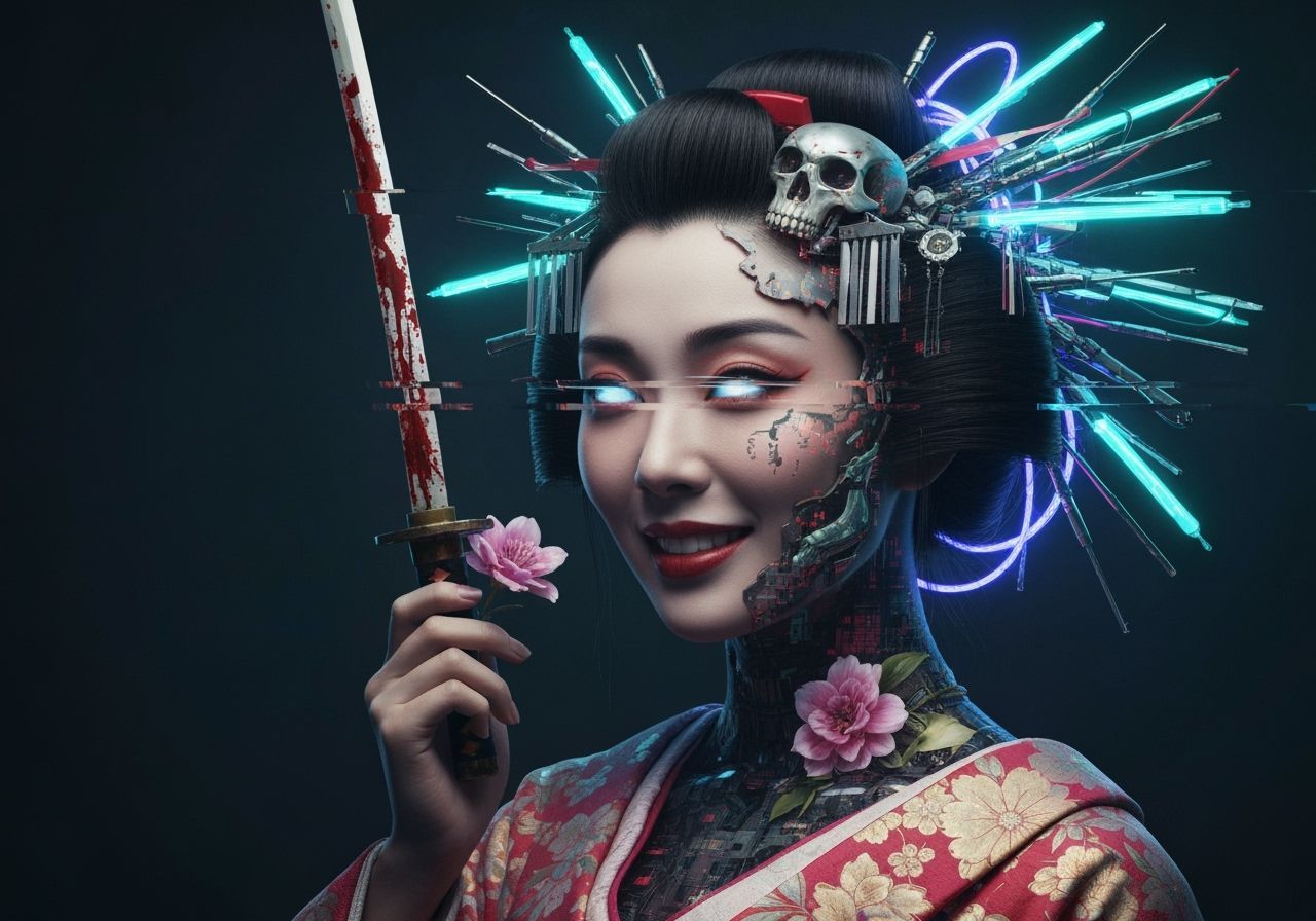 Glitch Art Portrait of a Cyberpunk Geisha