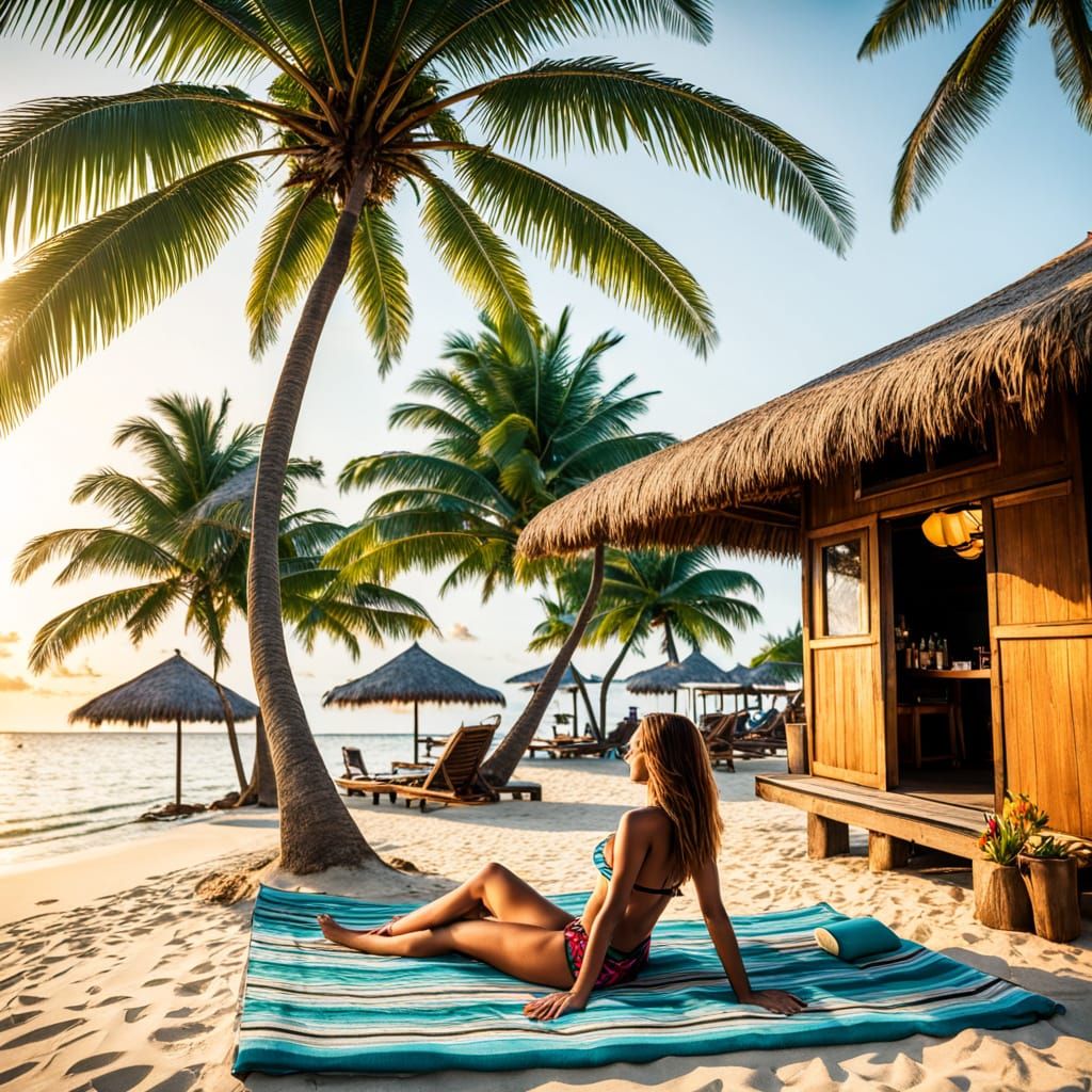 Tropical Beach Paradise: Women Relaxing in Golden Light