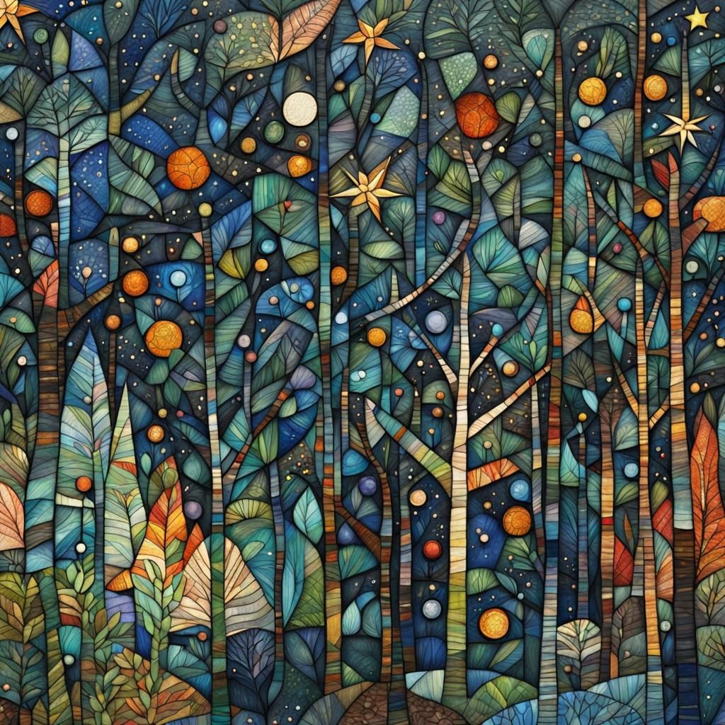 Enchanted Midnight Forest in Art Brut Style
