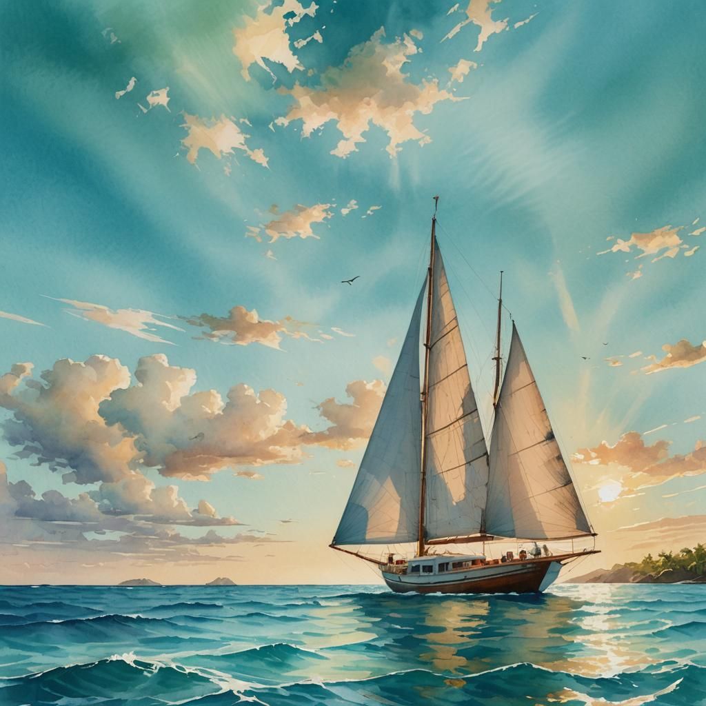 Caribbean Sailboat in Dreamy Watercolor Style