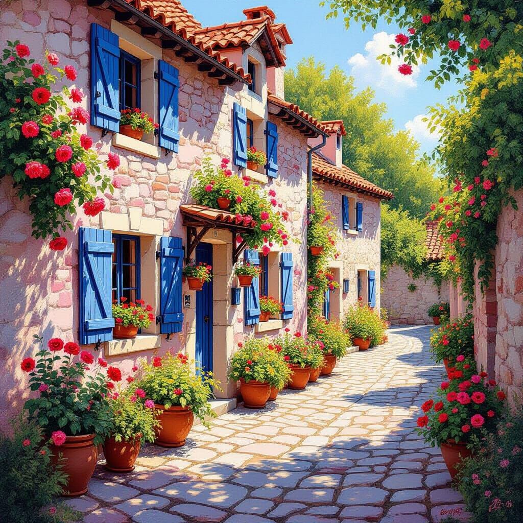 Strawberry Cottage with Roses in Hyperrealistic Oil Painting