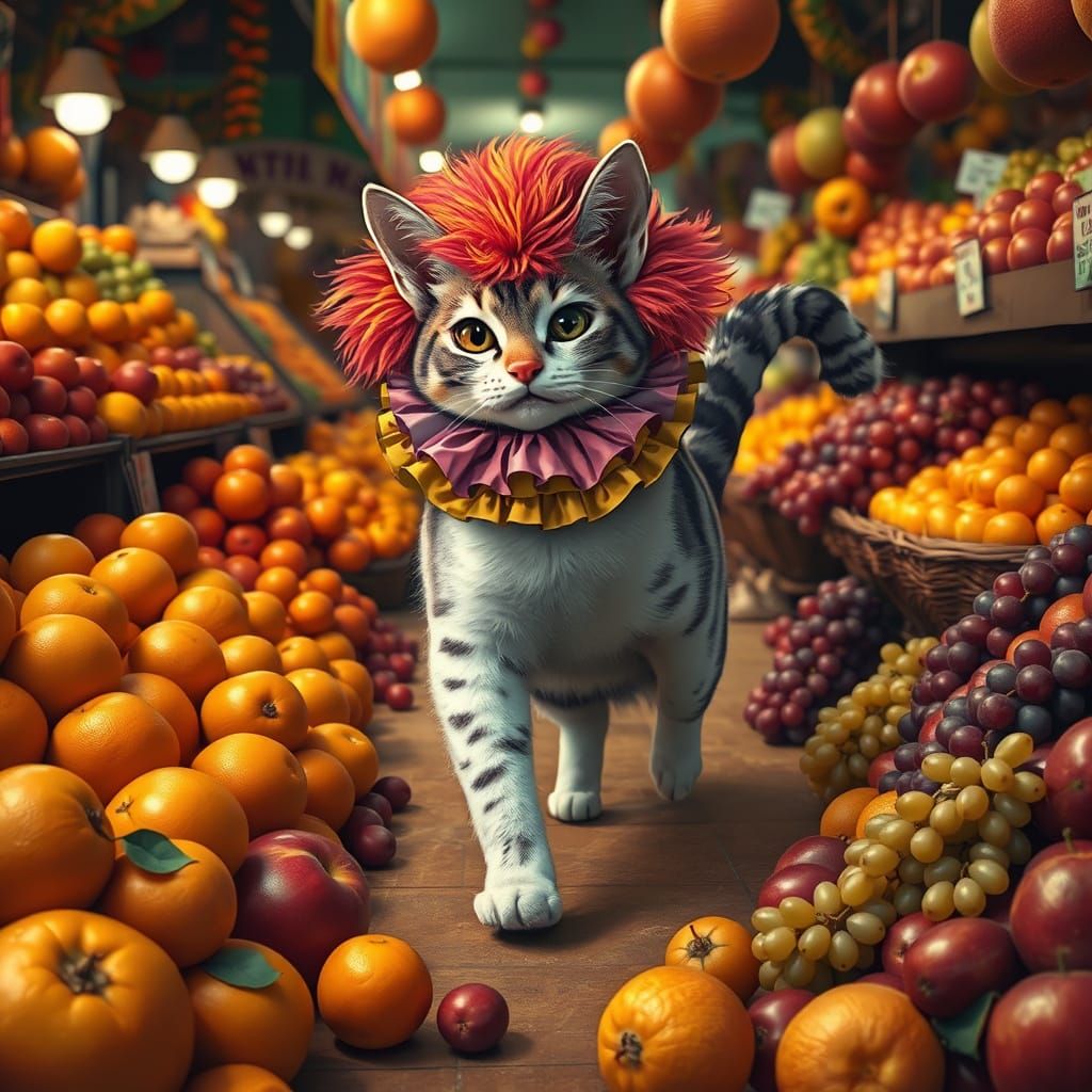 Cat with Clown Head in Fruit Market