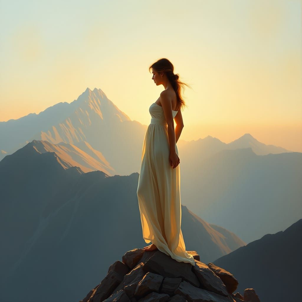 Woman on Mountain Peak at Dawn in Bouguereau Vermeer Style