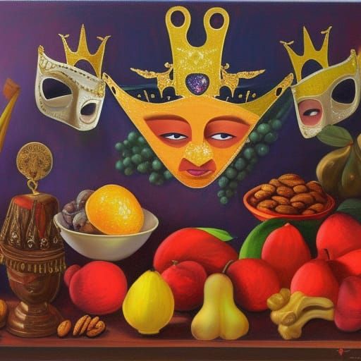 Purim Celebration with Queen Esther's Crown, Oil Painting