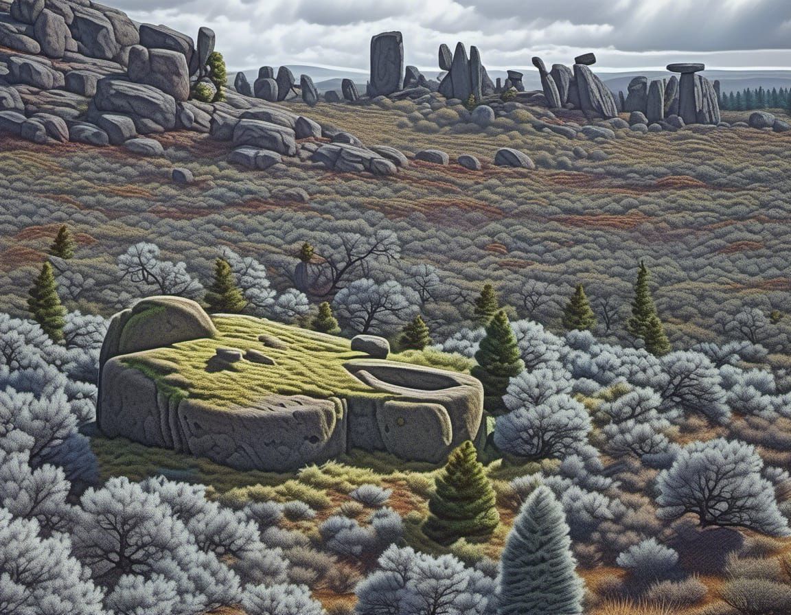 Hyperrealistic Dolmen in Oregon Juniper Grove