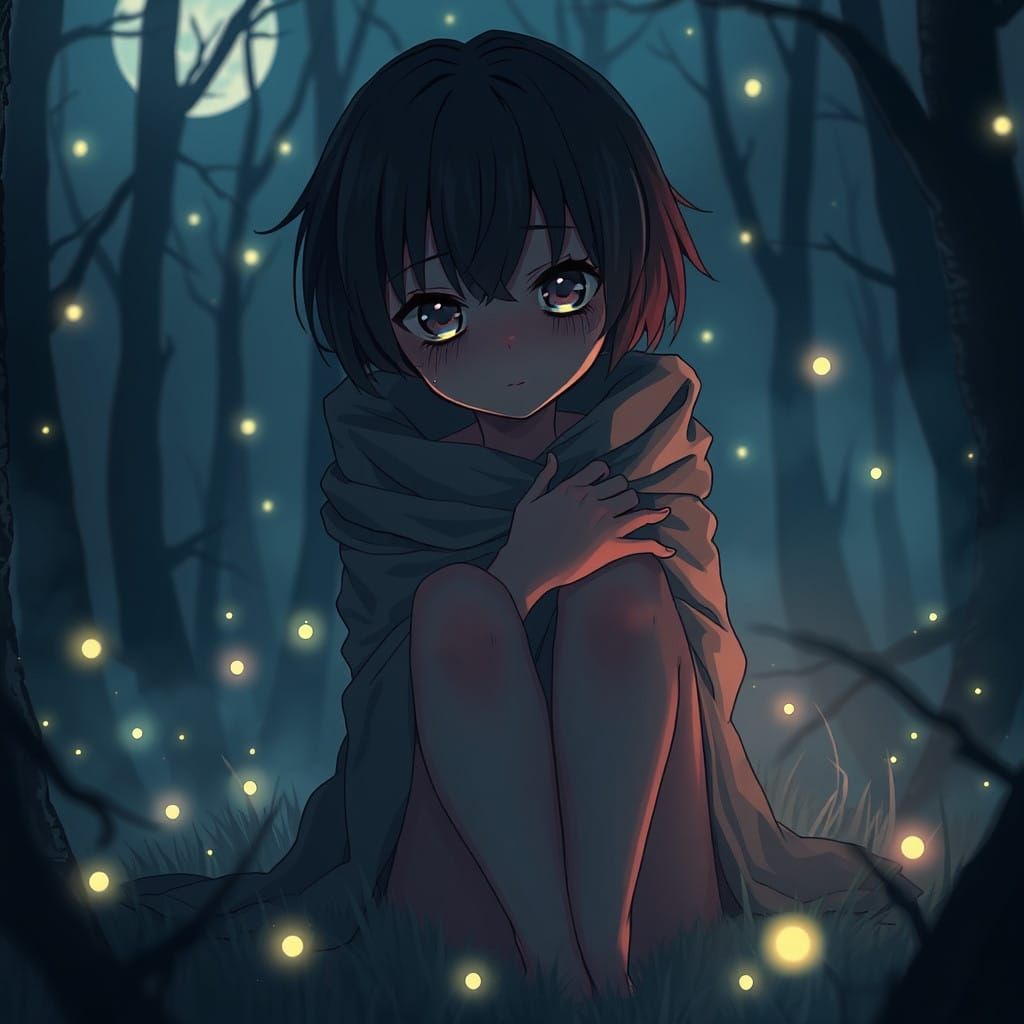 Anime-Style Figure Consumed by Sorrow in a Foggy Forest