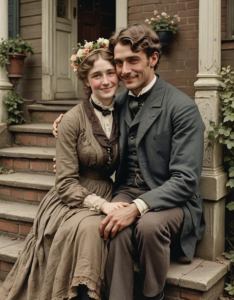 A young Victorian couple sitting on the steps of a house, Shy smiles full of love, close up portrait, Full color