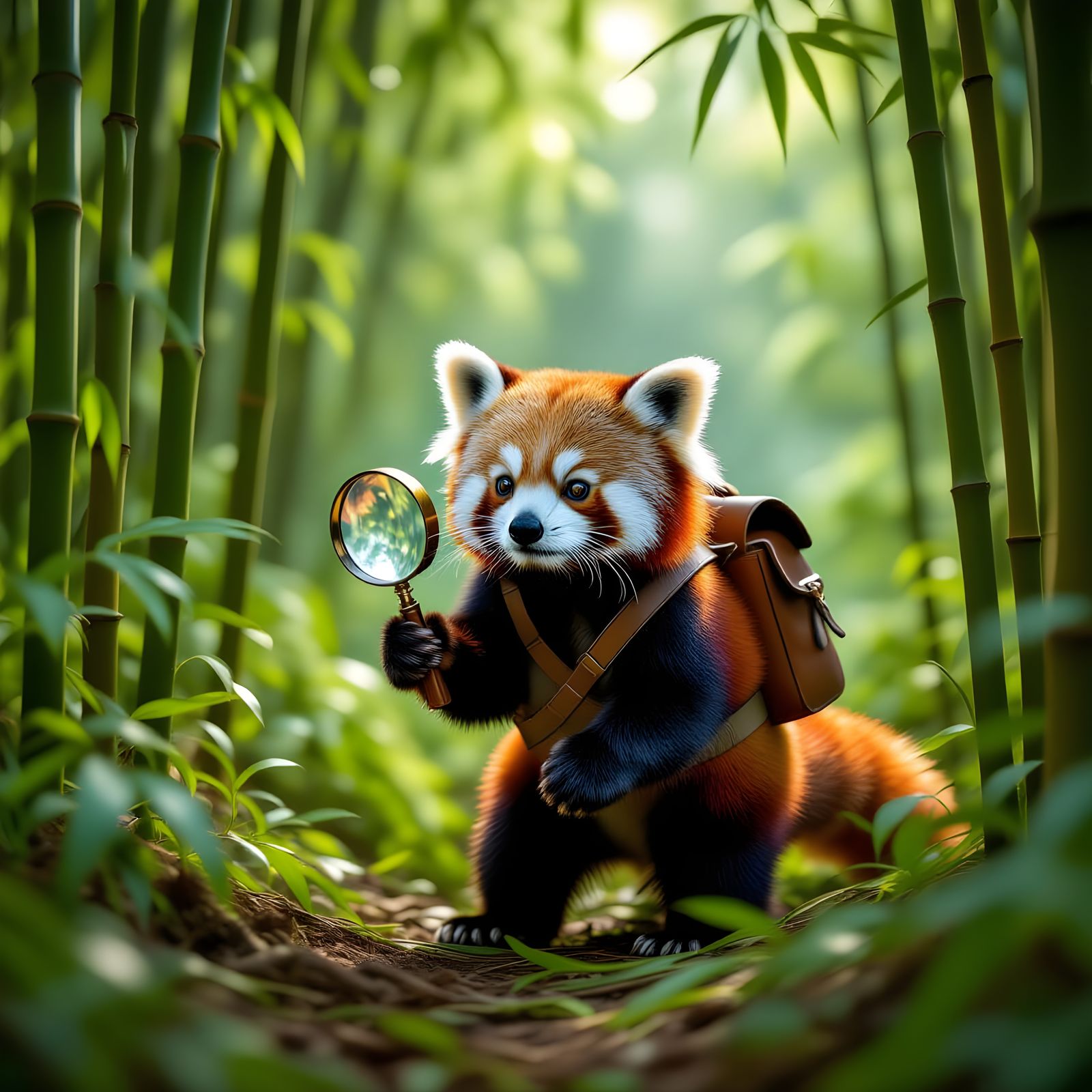 Red Panda Explorer in Bamboo Jungle, Vintage Photo Style