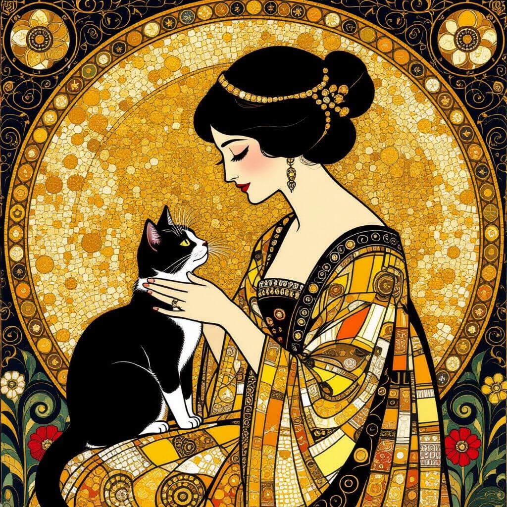 Woman Kissing Cat in Klimt-Inspired Art Nouveau Style