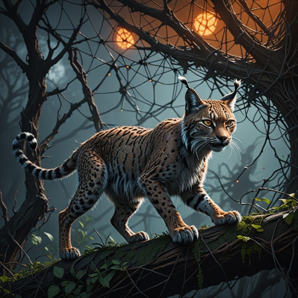 Lynx Surrounded by Enchanted Web in Fantastical Art