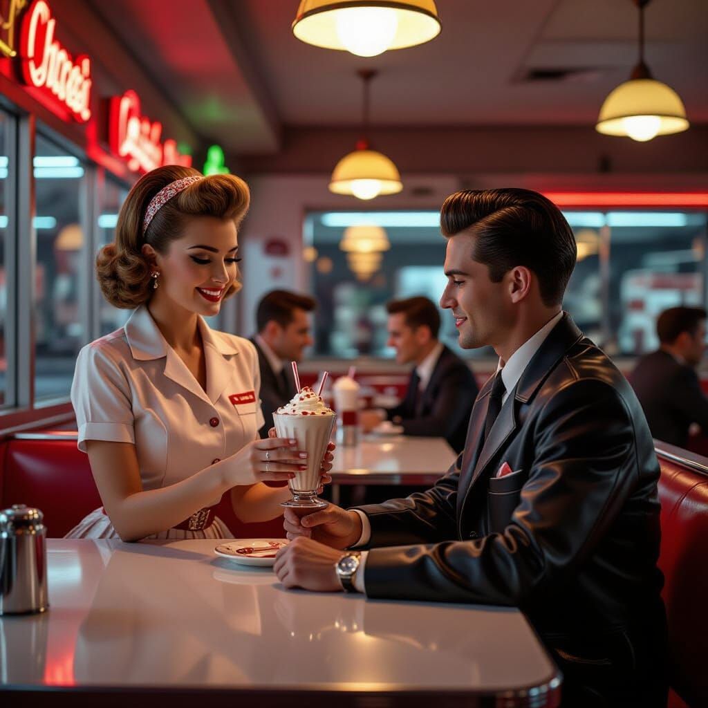 1950s Diner Scene with Waitress and Milkshake