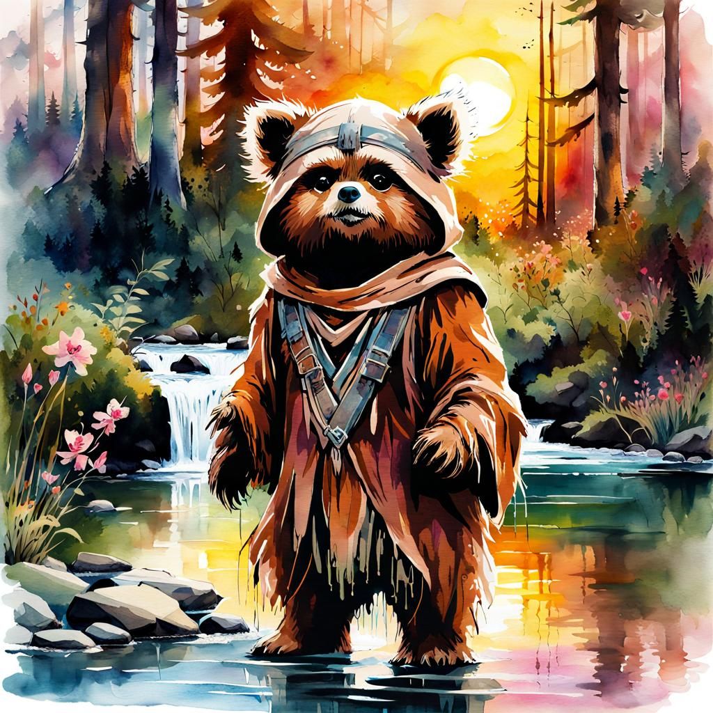 Ewok in Forest: Digital Watercolor Illustration