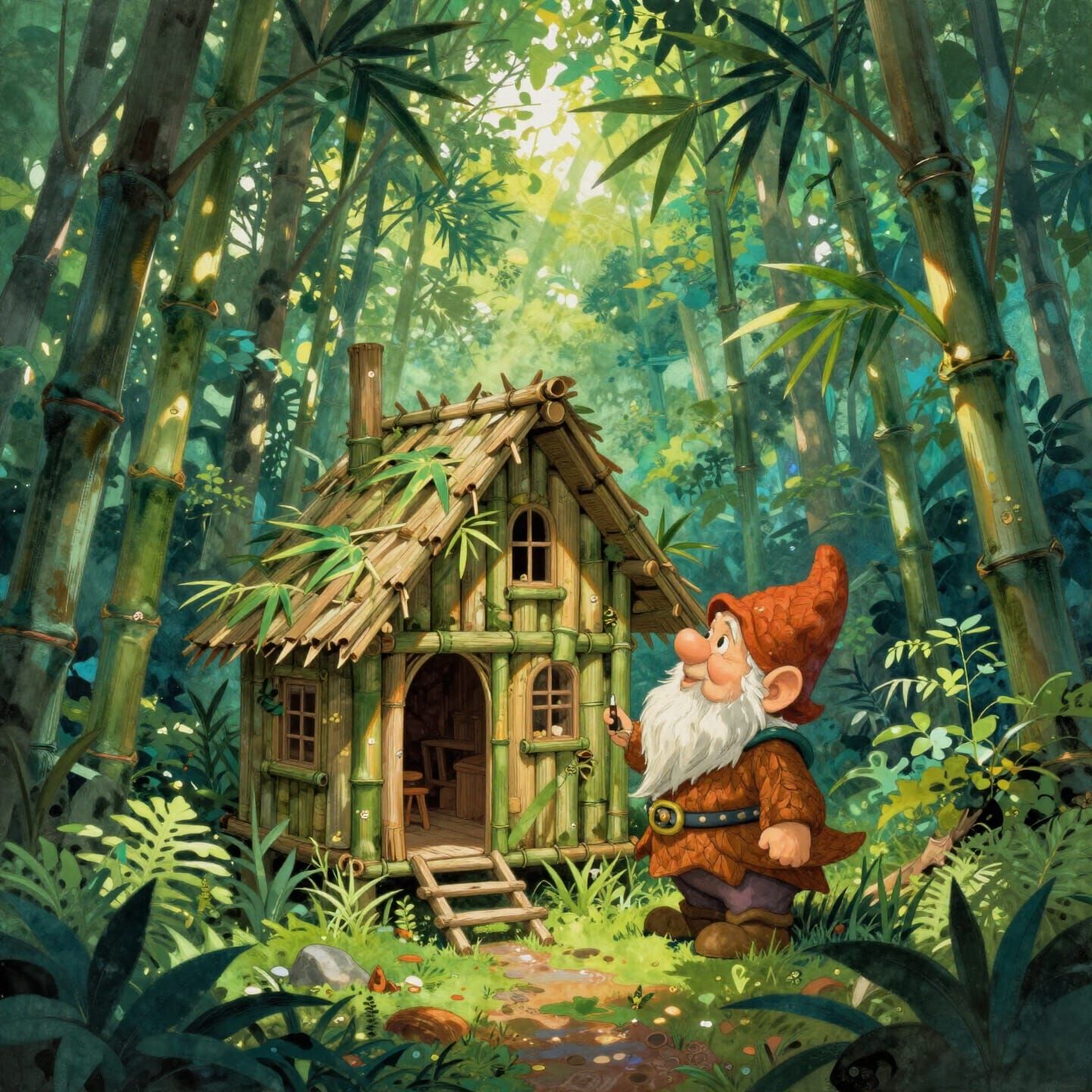 Whimsical Bamboo Gnome Hut in Lush Forest