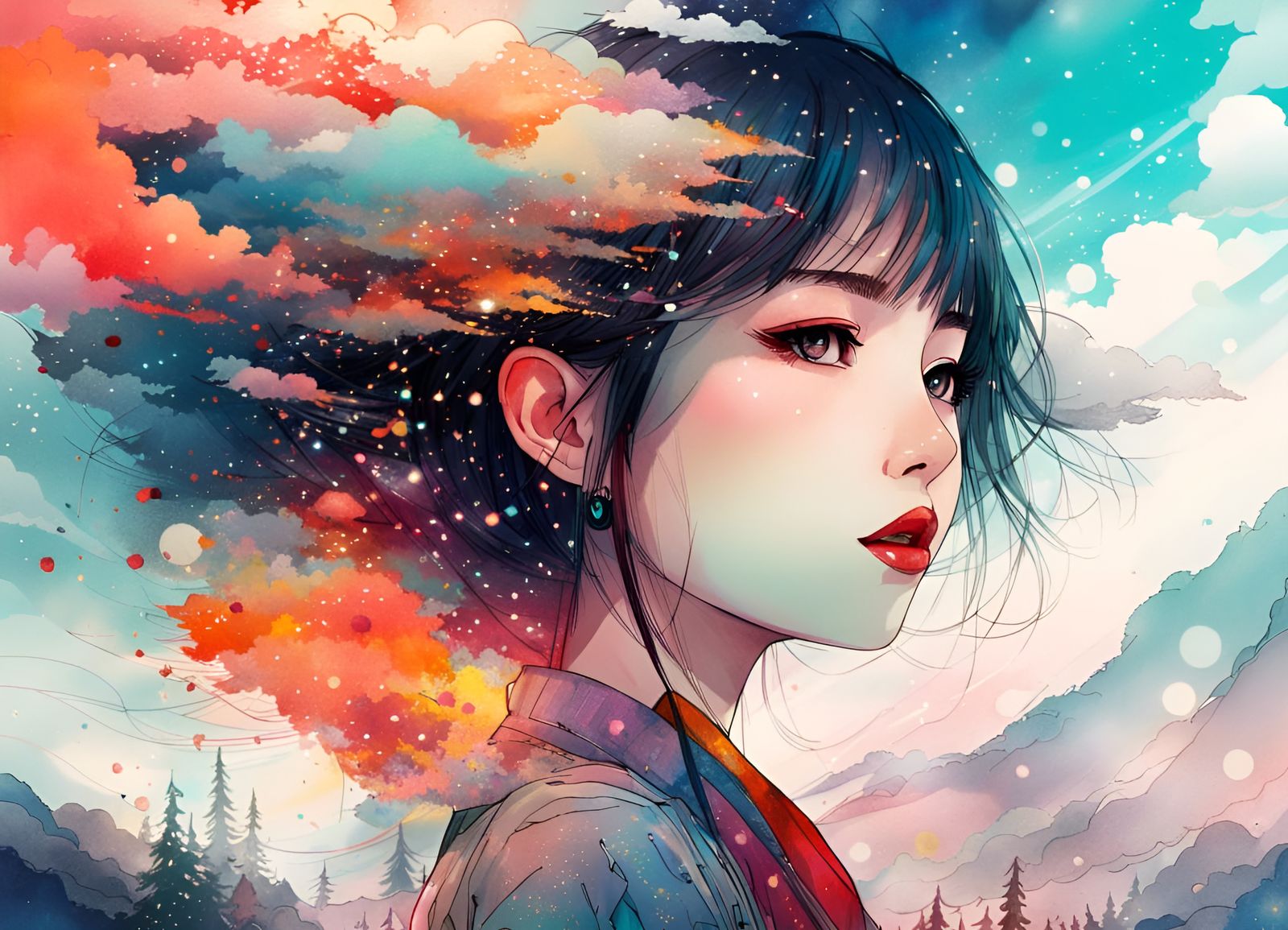 Anime Landscape with Sparkling Watercolor Lips