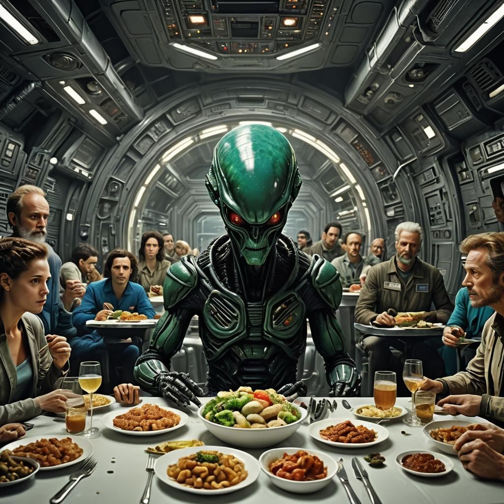 Alien Movie Vegan Dinner Scene, Photorealistic