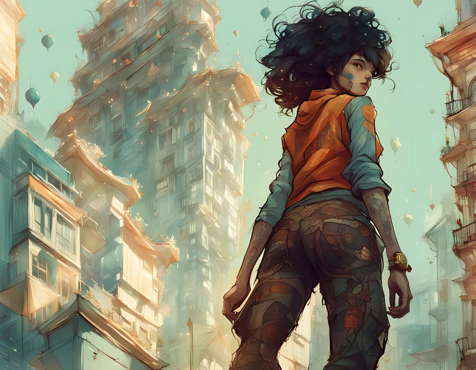 Dynamic Woman in Cityscape: Digital Art Illustration