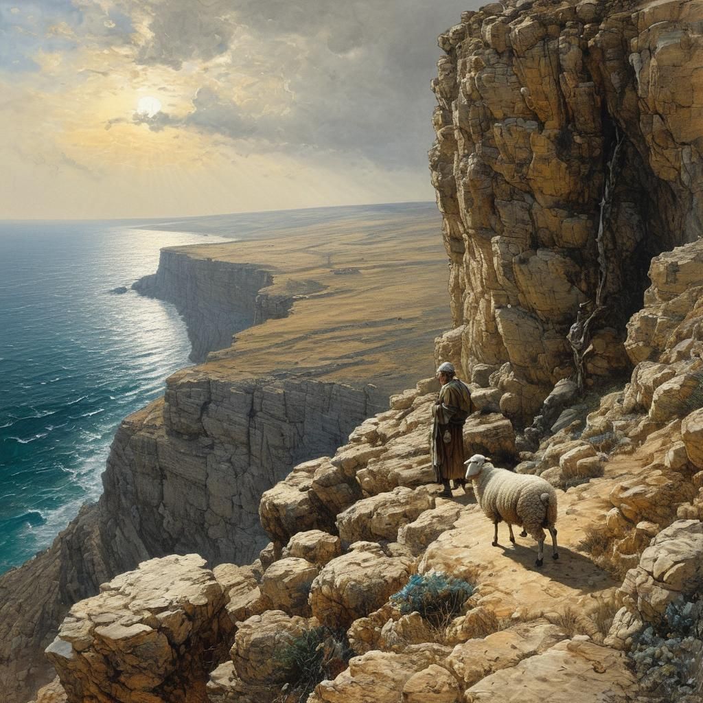 Solitary Man and Sheep at Cliff Edge