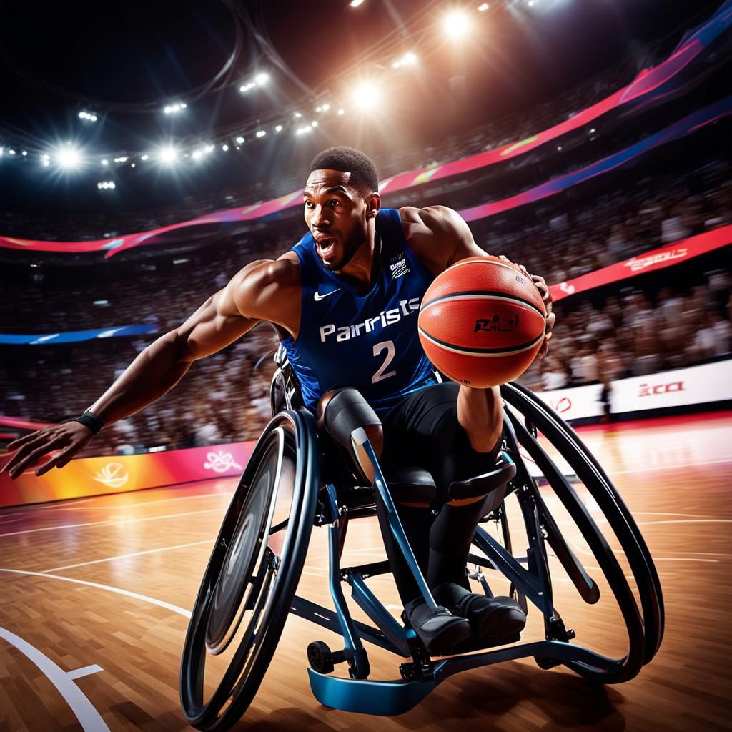 Paralympic Athlete's Intense Basketball Shot in Paris
