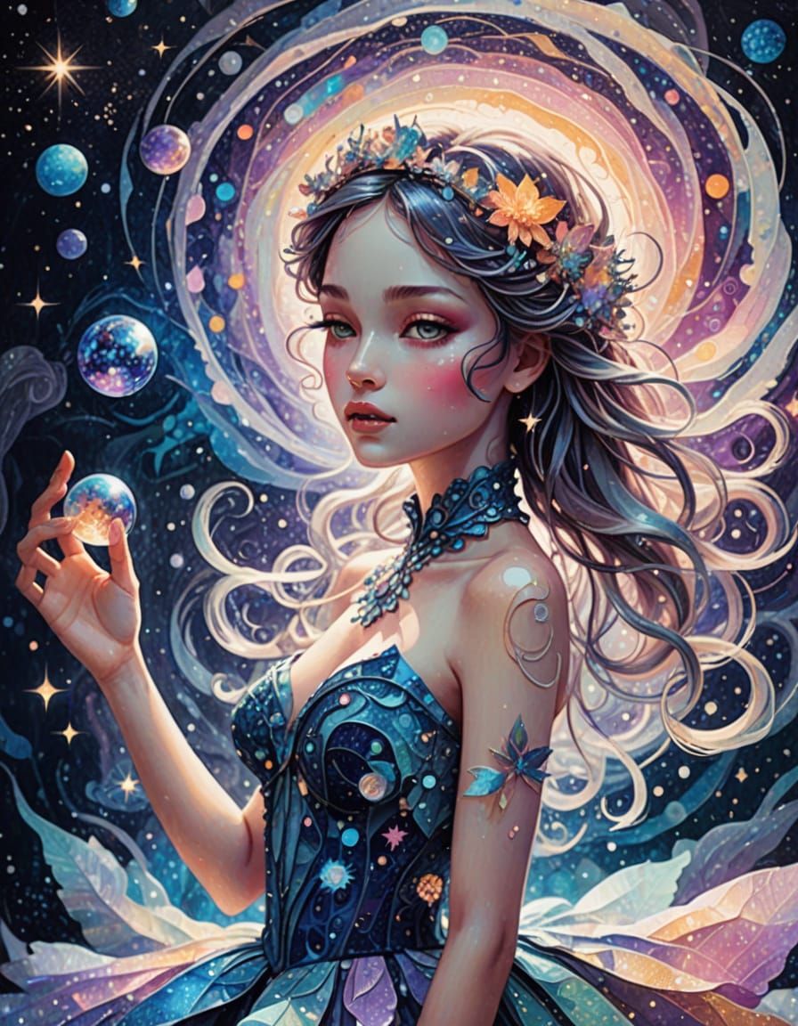 Ethereal Paper Doll in Shimmering Cosmic Galaxy