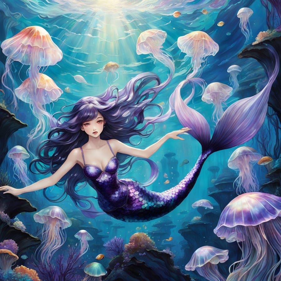 Ethereal Mermaid Amidst a Dazzling School of Jellyfish