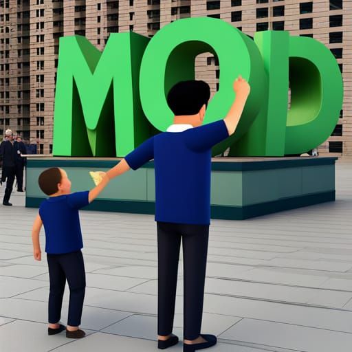 Giant Man and Toddler Pointing to Sign