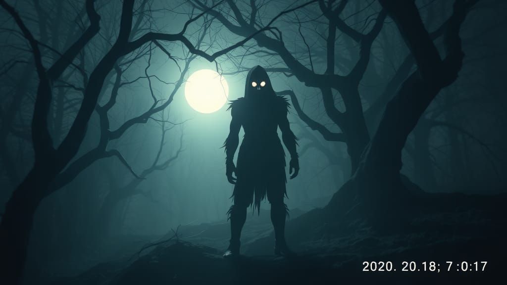 Surreal Horror Figure Emerging from a Dark, Misty Forest at....
