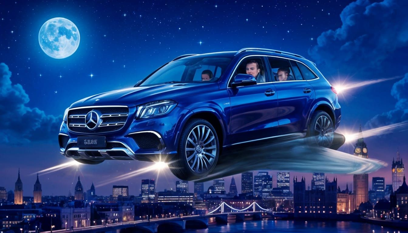 Modern Mercedes Benz GLS Flies Above Starry London