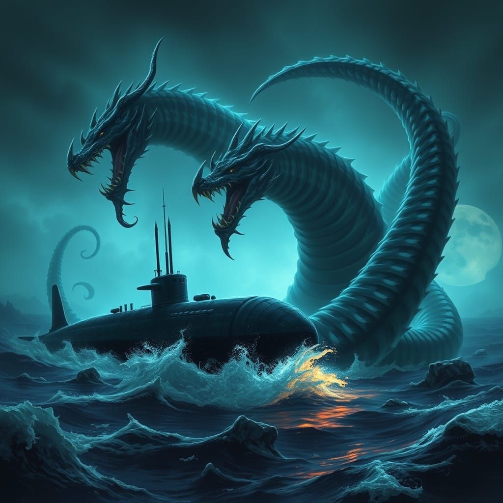 Glowing Sea Serpent Emerges from Dark Ocean Depths