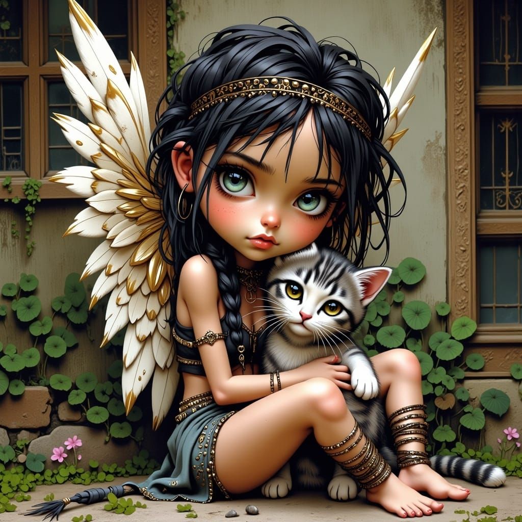 Chibi Angel Kissing Kitten in Temple Garden