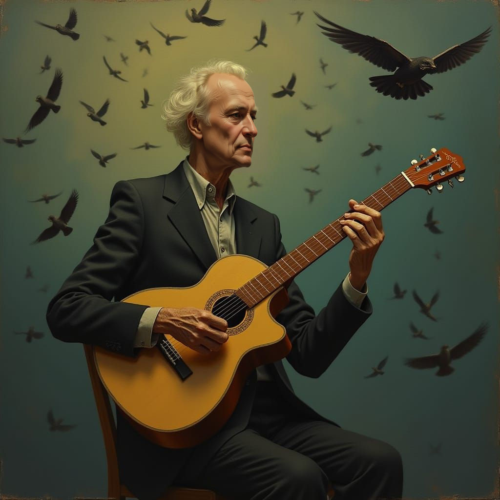 Old Man in Suit Plays Guitar as Birds Fall Around Him