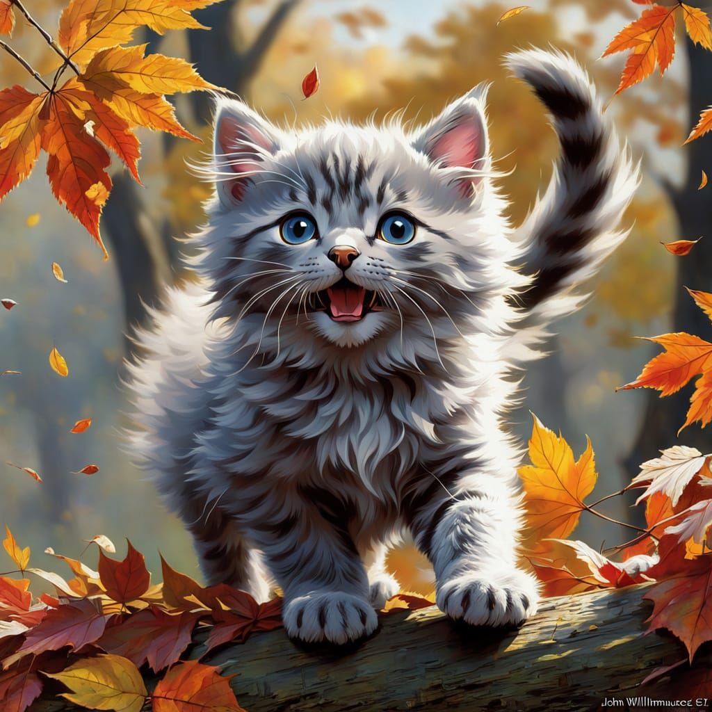 Fluffy Gray Kitten Leaping Through Autumn Leaves