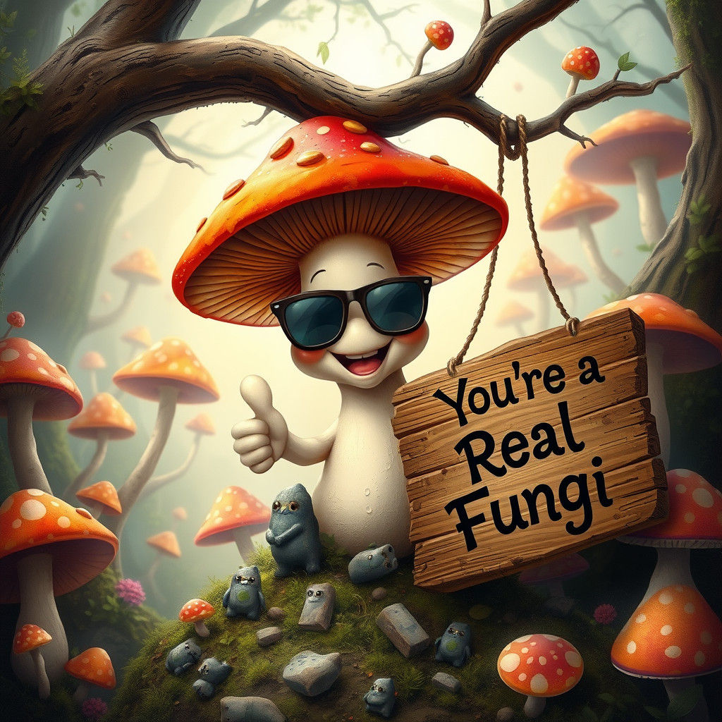 Smiling mushroom with sunglasses and a thumbs-up