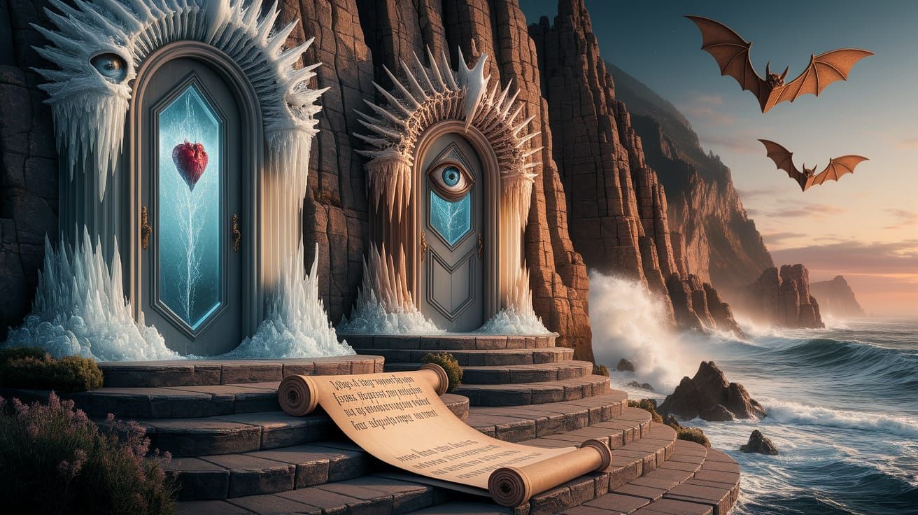 Mysterious Doors in Cliffs Above Raging Sea