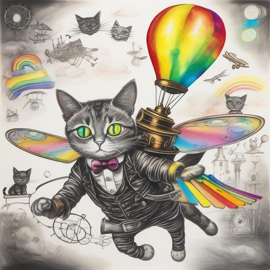 Steampunk Cats Flying: Surreal Crayon Drawing