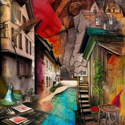 Hungarian Village Collage in Modern Boho Art Style