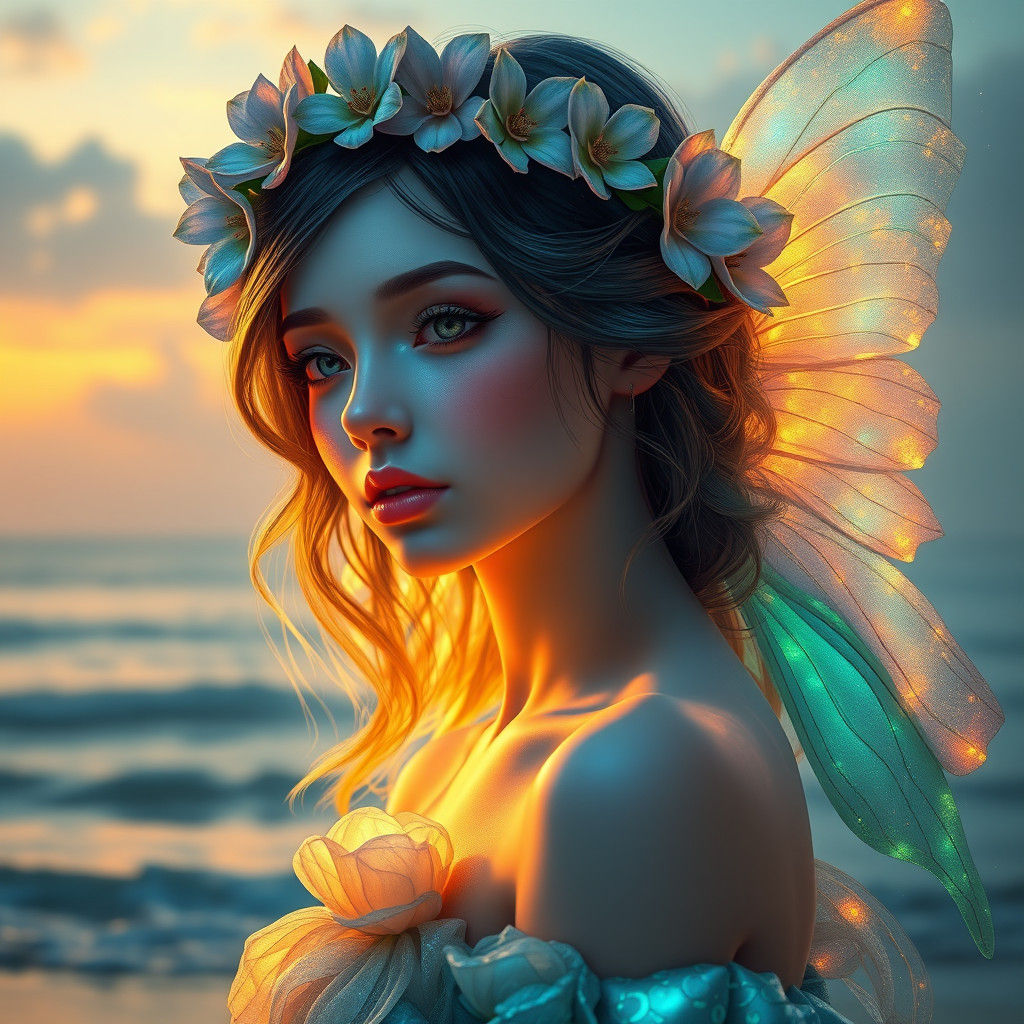 Iridescent Flower Girl Portrait in Ethereal Landscape