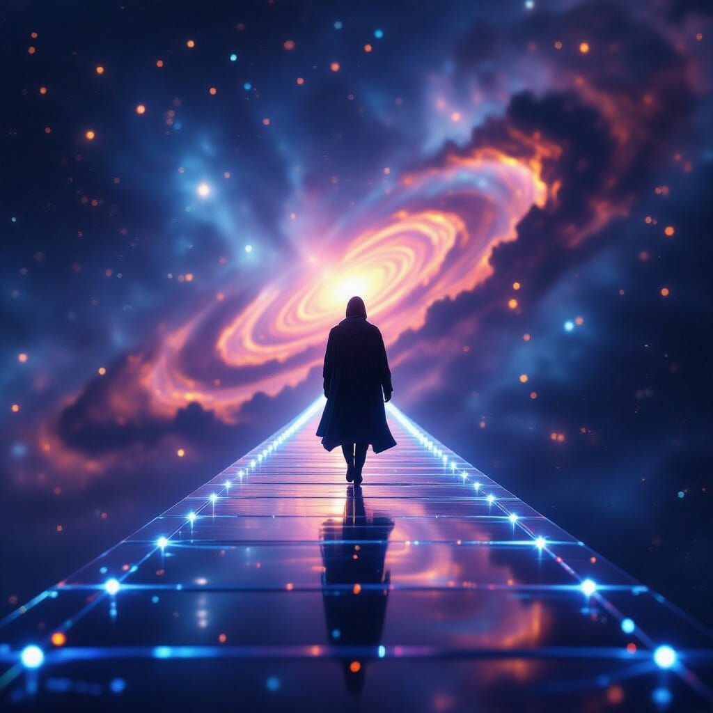 Cosmic Traveler Steps Onto Infinite Bridge