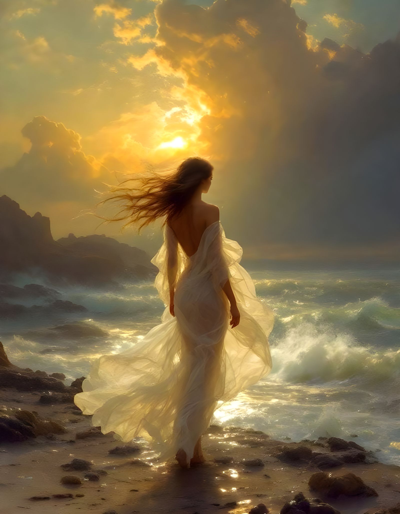 Twilight Coastline in Pre-Raphaelite Style