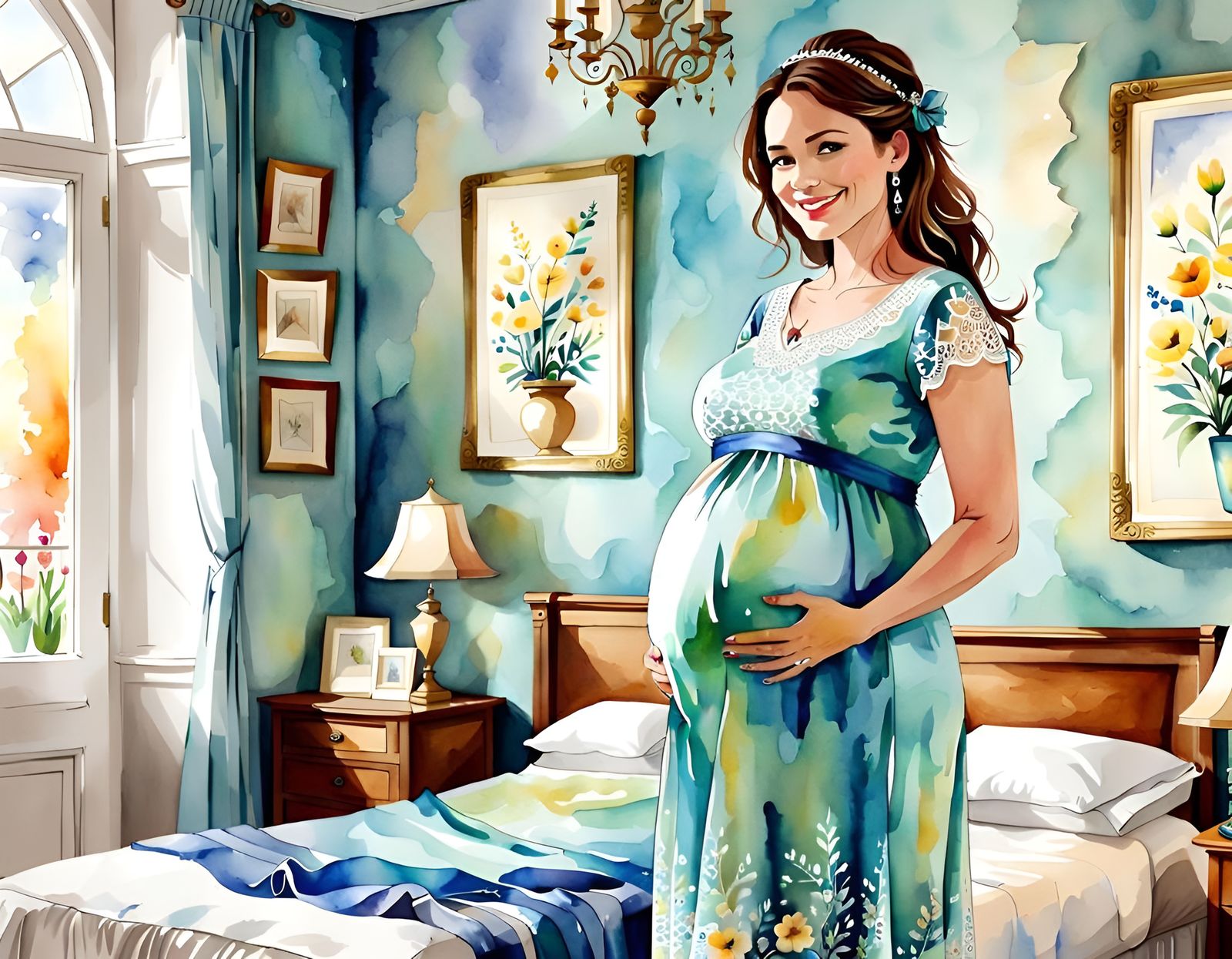 Smiling Pregnant Woman in Watercolor Style